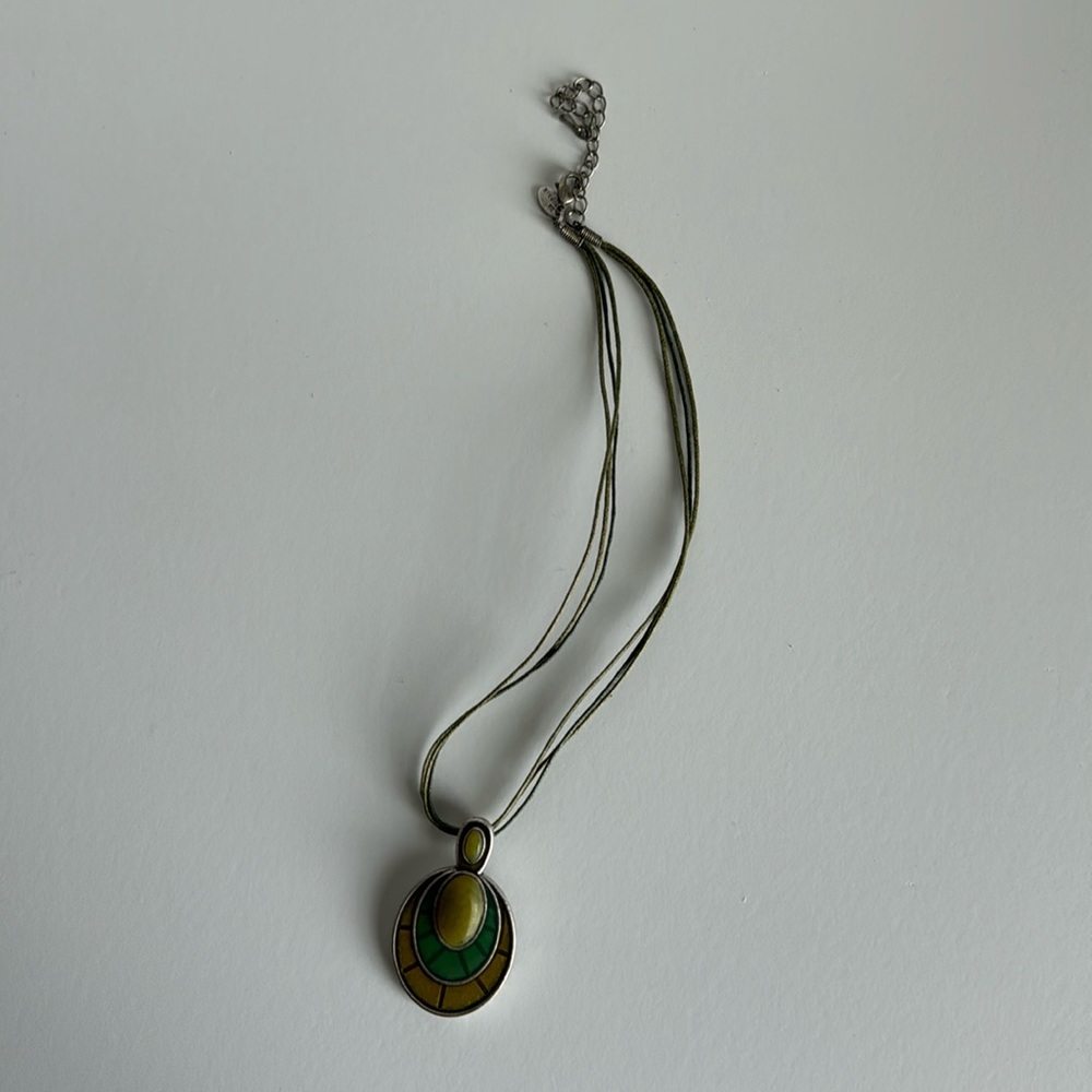 Lia Sophia - 10" Necklace - "Agave" - Green Cord Blue Olive Teardrop Pendant